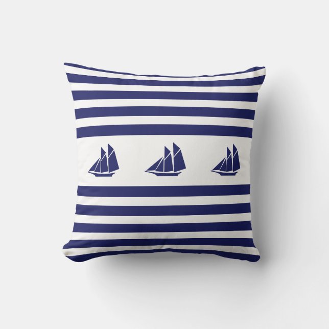 Coussin Yachts nautiques sur fond rayé bleu et blanc (Recto)