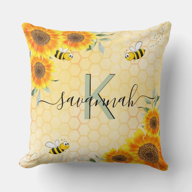 Coussin Yellow tournesol abeilles rustique script monogram (Recto)