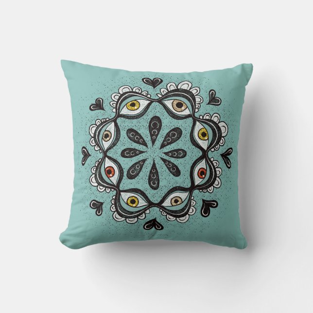 Coussin Yeux Trippy avec Coeurs Art Surreal - Dessin d'enc (Recto)