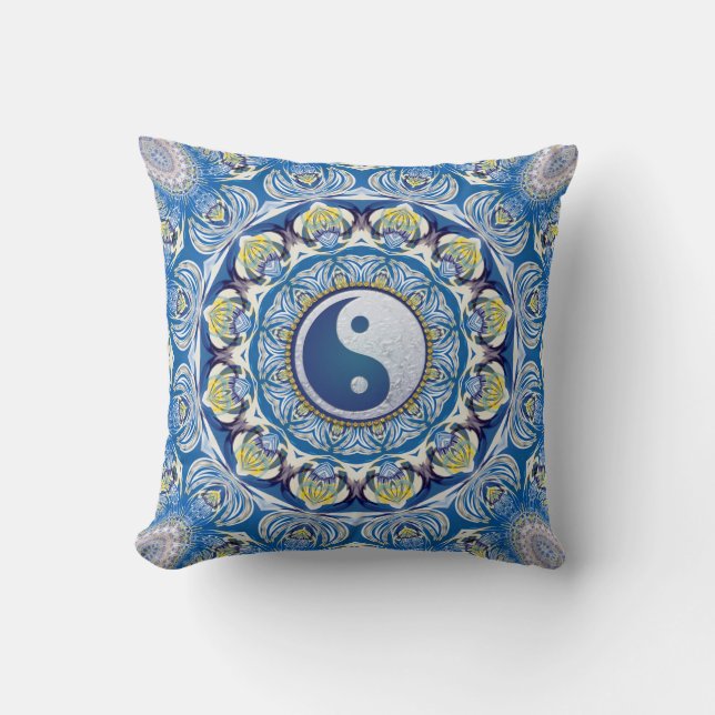 Coussin Yin Yang Balance Vie Bleu Jaune Mandala (Recto)