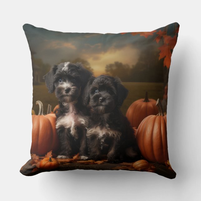 Coussin Yorkipoo Chiot Automne Citrouille délice (Recto)