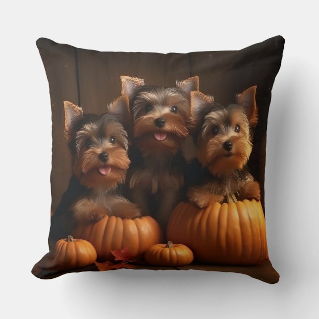 Coussin Yorkshire Terrier chiot Autumn Delight Citrouille  (Recto)