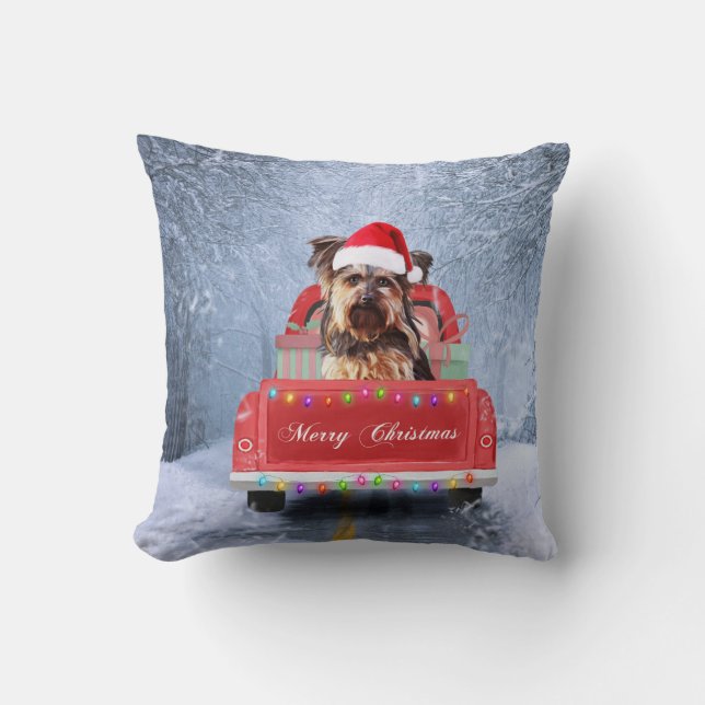 Coussin Yorkshire Terrier Dog in Snow sitting in Christmas (Recto)
