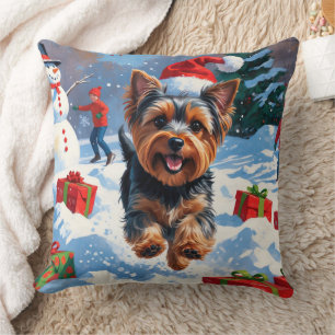 Coussin Yorkshire Terrier en neige avec Casquette de Noël