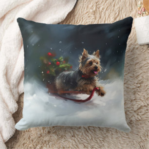 Coussin Yorkshire Terrier neige de Noël hiver