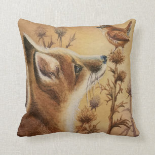 Coussin Young Red Fox & Carolina Wren Bird Watercolor Art