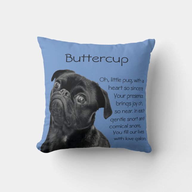 Coussin Your Photo or Use Our Cute Black Pug Puppy & Poem (Recto)