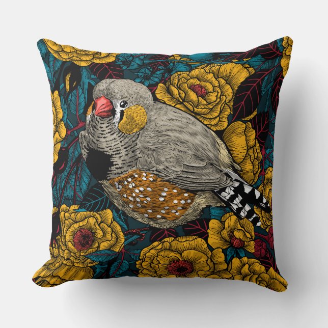 Coussin Zebra finch et buisson rose (Recto)
