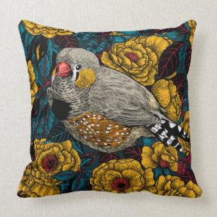 Coussin Zebra finch et buisson rose