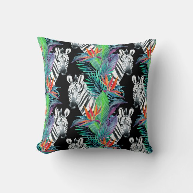 Coussin Zèbre et motif de fleurs exotique (Recto)