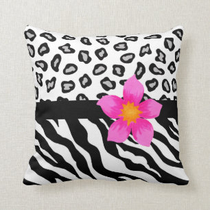 Coussin Zèbre noir & blanc & Cheetah Peau & Fleur rose