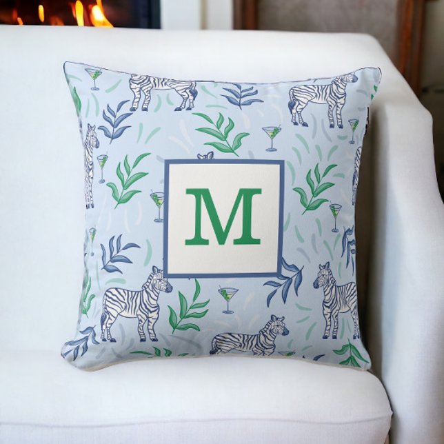 Coussin Zèbres Classiques Prépa et Monogramme Bleu Martini (Créateur téléchargé)