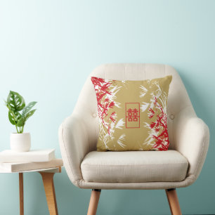 Coussin Zen Red Gold Bamboo Feuille moderne Double Bonheur