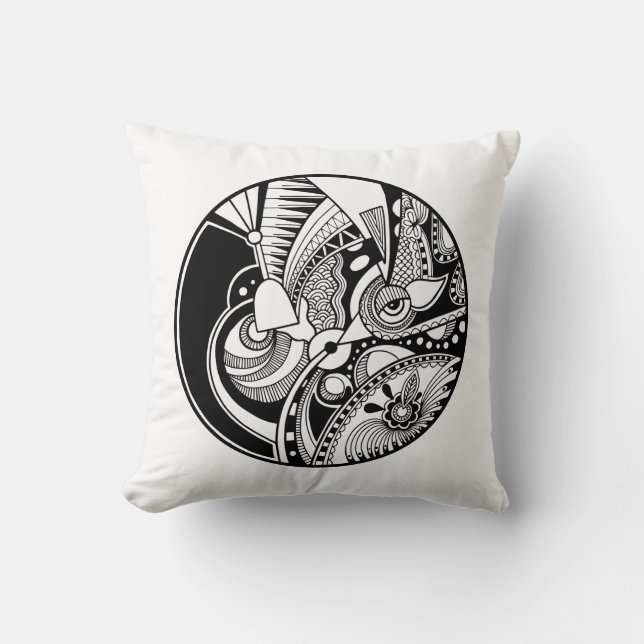 Coussin Zendala abstrait noir et blanc sur le cercle (Recto)
