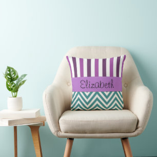 Coussin Zigzag Bleu, Chevron, Bandes Violettes, Votre Nom