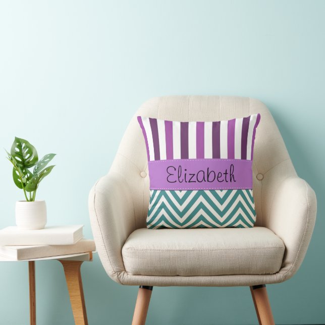 Coussin Zigzag Bleu, Chevron, Bandes Violettes, Votre Nom (Chaise)