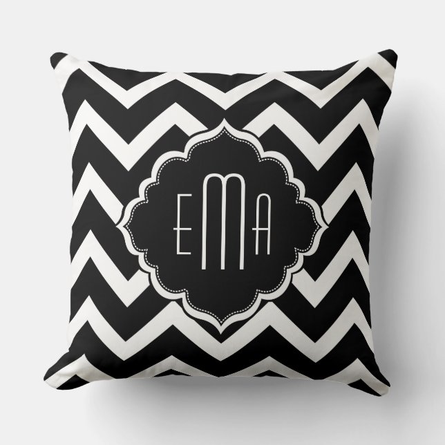 Coussin Zigzag géométrique noir et blanc monogramme Chevro (Recto)