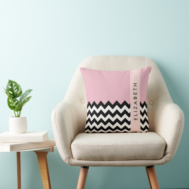 Coussin Zigzag noir et blanc, Chevron, rose, Votre nom (Chaise)