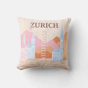 Coussin Zurich Travel Art, Suisse, Retro Travel Art