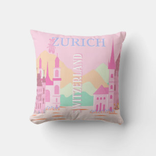 Coussin Zurich Travel Art, Suisse Travel Art, rose