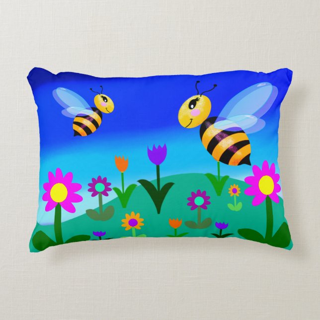 Coussins Décoratifs Abeilles heureuses dans un champ de fleurs (Devant)