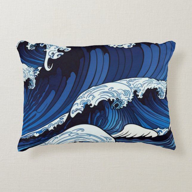Coussins Décoratifs Abstract Blue Ocean Waves Japanese Style Artwork | (Devant)