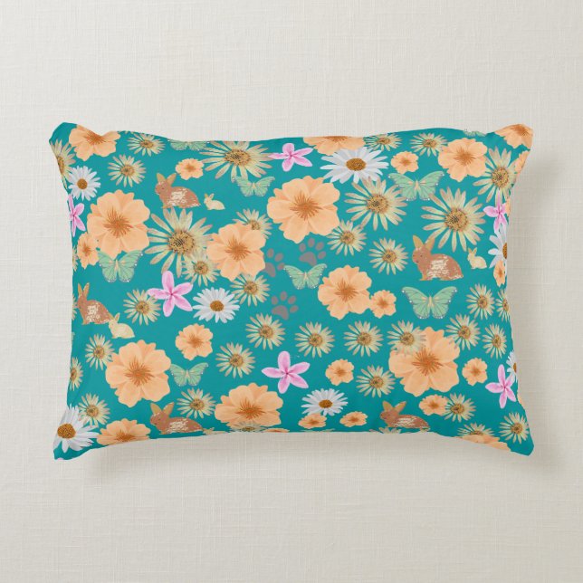 Coussins Décoratifs Adorable lapins fleuris bleu (Devant)