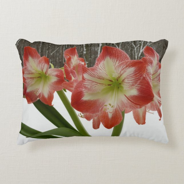 Coussins Décoratifs Amaryllis en Fête Rouge Neige Hiver Floral (Devant)