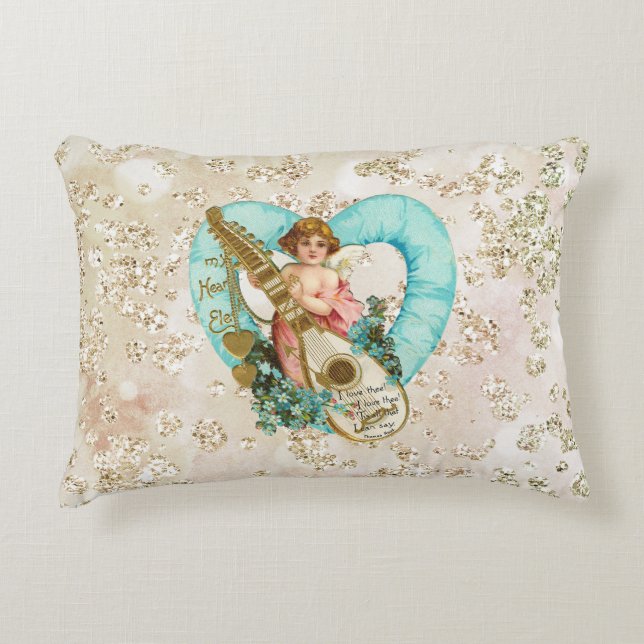 Coussins Décoratifs Aqua Heart Golden Cherub & Harp Bokeh Bling (Devant)