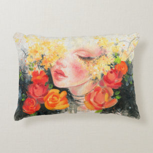 Coussins Décoratifs Aquarelle belle femme et fleurs