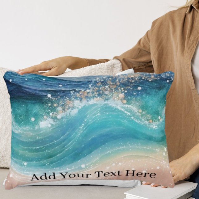 Coussins Décoratifs Aquarelle Bleu Blanc Océan Vague Personnalisée Nom (Créateur téléchargé)