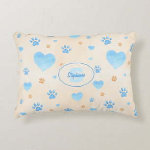 Coussins Décoratifs Aquarelle Bleu Coeurs et Empreintes de pattes Moti