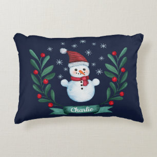 Coussins Décoratifs Aquarelle de Noël Snowman Custom Navy Blue