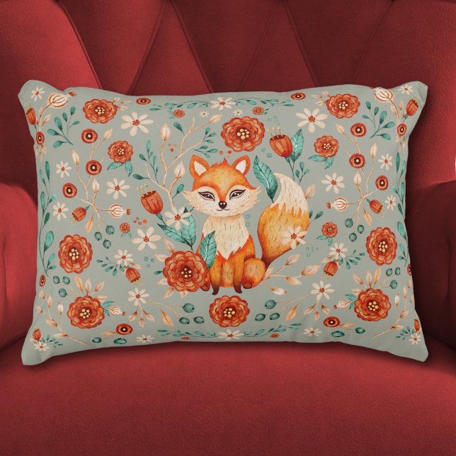 Coussins Décoratifs Aquarelle florale Whimsical Fox (ornate whimsical woodland fox floral pattern maximalist boho cute watercolor forest pillow )