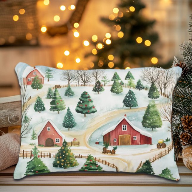 Coussins Décoratifs Aquarelle Hiver Paysage rustique avec Fir Trees (Créateur téléchargé)