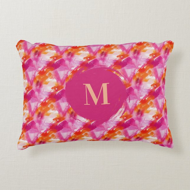 Coussins Décoratifs Aquarelle Monogramme Rose Orange Abstrait (Devant)