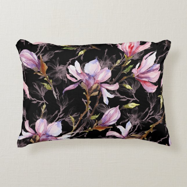 Coussins Décoratifs Aquarelle noire Arrière - plan rose Magnolia (Devant)