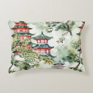 Coussins Décoratifs Aquarelle Pagode asiatique dans paysage verdoyant 