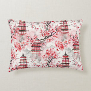 Coussins Décoratifs Aquarelle Pagode chinoise aux fleurs de cerisiers 
