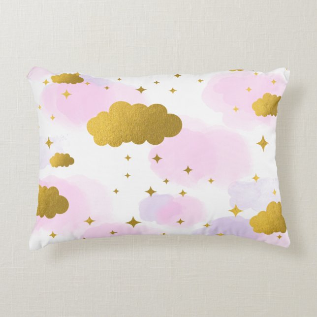 Coussins Décoratifs Aquarelle rose Nuages Gold Stars Sky (Devant)