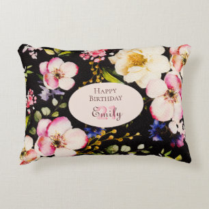 Coussins Décoratifs Aquarelle Roses rose et jaune sur Noir, Anniversai