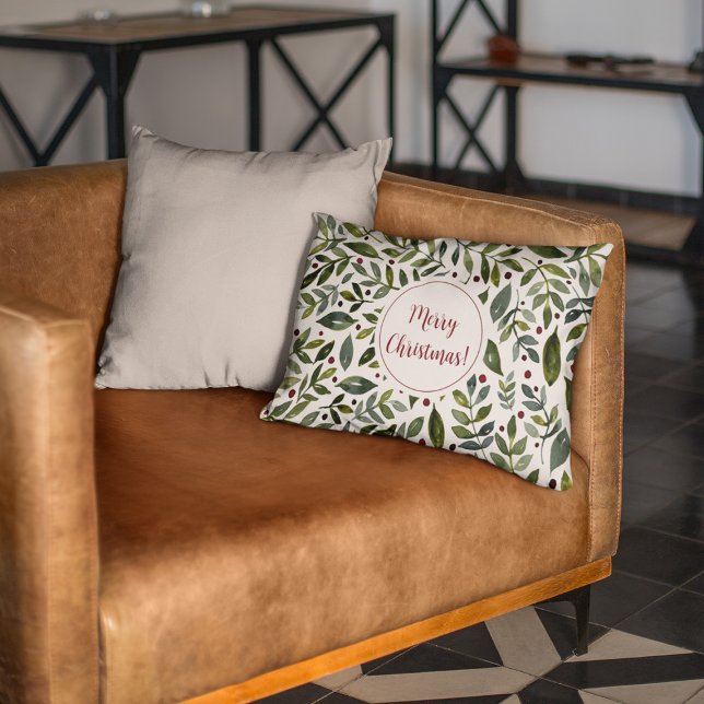Coussins Décoratifs Aquarelle verte branches saisonnières et baies (Créateur téléchargé)