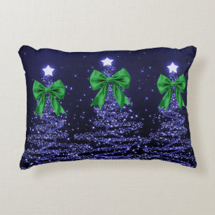 Coussins Décoratifs Arbres scintillants de Noël Navy Blue avec ruban v
