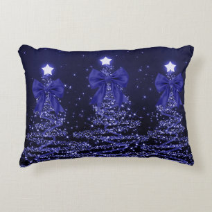 Coussins Décoratifs Arbres scintillants de Noël ruban bleu marine Faux