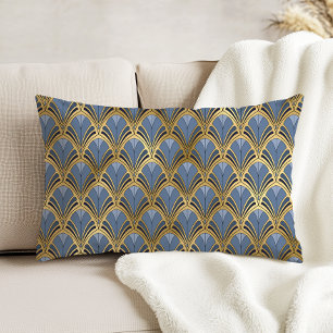 Coussins Décoratifs Art Déco Motif Éventail Floral Vintage Bleu Or