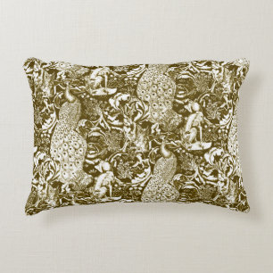 Coussins Décoratifs Art Nouveau Peacock Imprimer, Brown et crème