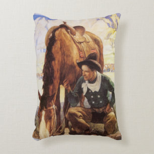 Coussins Décoratifs Art vintage, cowboy abreuvant son cheval par NC Wy