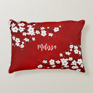 Coussins Décoratifs Asie Floral Blanc Cerisier Fleur Rouge Monogramme