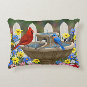 Coussins Décoratifs Bain d'oiseaux coloré du jardin de printemps