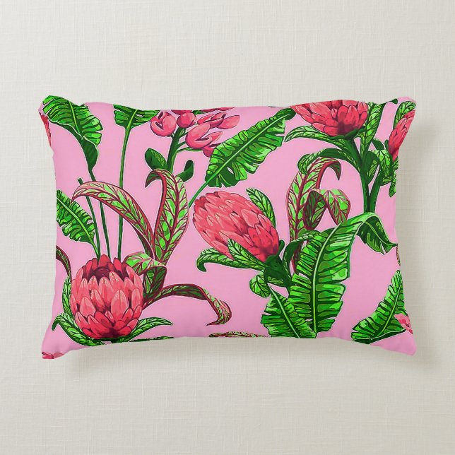 Coussins Décoratifs Beaux Feuilles verts tropicaux aux fleurs rouges | (Devant)